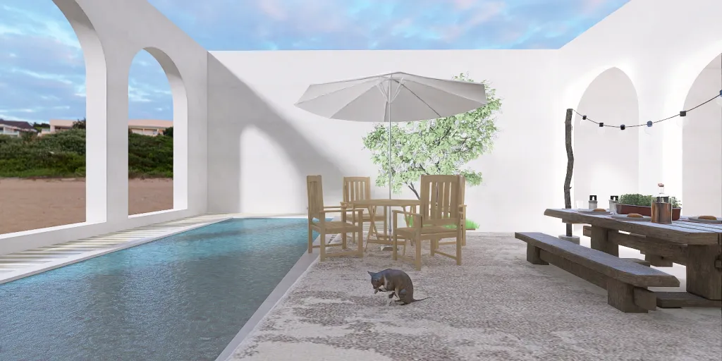 a cat is sitting under an umbrella in a pool 