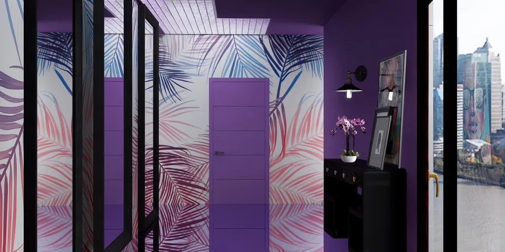 a bathroom with a wall of glass and a wall of purple curtains 