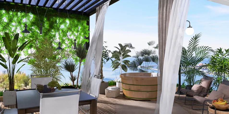 Outdoor living space featuring a wooden hot tub surrounded by lush greenery, enhancing relaxation and tranquility with a contemporary style, showcasing interior decor ideas for a serene environment, utilizing Homestyler's real-time 3D rendering for design visualization.