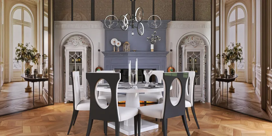 modern dining room with stylish round table and elegant chairs, showcasing an elegant interior decor design, utilizing Homestyler's real-time 3D rendering feature for immersive visualization.