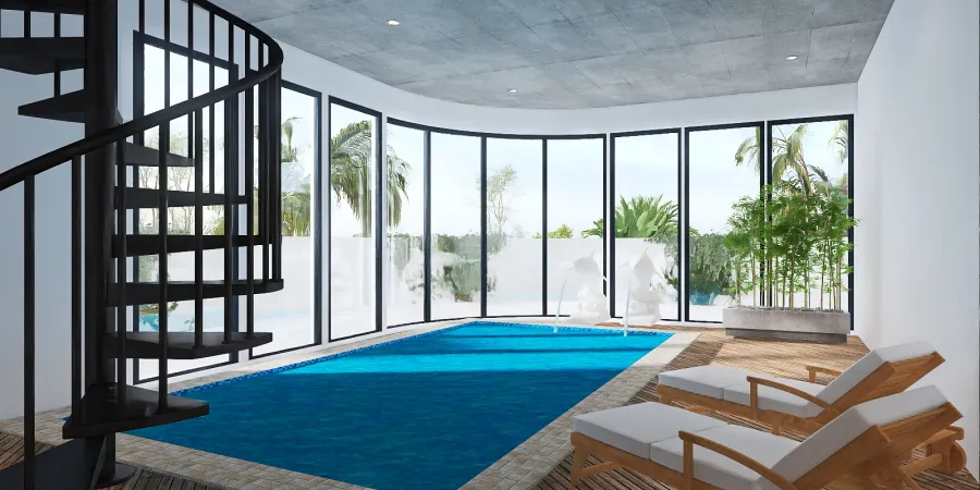 a large room with a pool and a balcony 