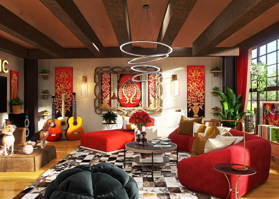 Red and Gold Living room  Design Rendering