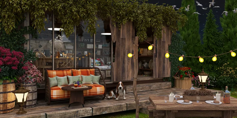 cozy outdoor seating area with wooden deck and greenery, enhancing the open-air ambiance in a rustic style; featuring Homestyler's AR virtual furniture placement for accurate interior decor arrangement.