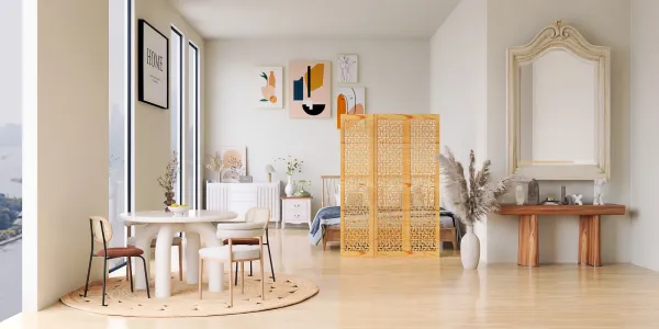 a bright and modern living room design showcasing a round dining table with chairs, featuring a neutral color palette and minimalist decor, highlighting Homestyler's real-time 3D rendering feature for an accurate design overview.