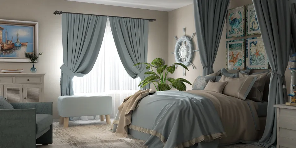 cozy bedroom design featuring elegant curtains and bedding in soft tones, showcasing modern interior decor and optimized layout with Homestyler's real-time 3D rendering functionality.