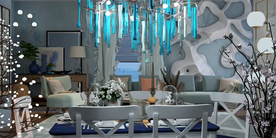 modern living room with aqua accents featuring a stylish chandelier, designed for optimal space utilization, showcasing a contemporary interior decor theme using Homestyler's smart furniture arrangement feature.
