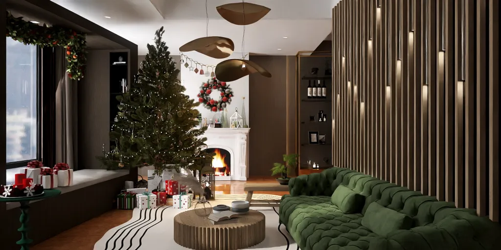 a living room with a large window and a large christmas tree 
