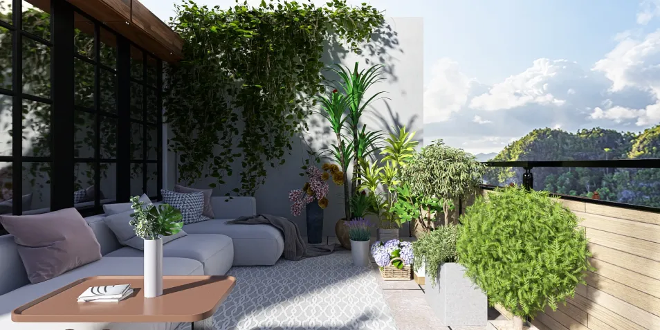 Cozy balcony with a sectional sofa and greenery arrangement showcasing a modern design style, featuring Homestyler's real-time 3D rendering for instant visualization.