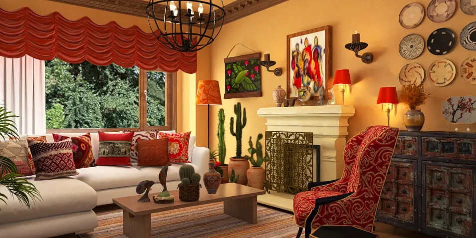 cozy living room with vibrant decor featuring a fireplace and cacti arrangement in a colorful style, showcasing interior decor optimization using Homestyler's real-time 3D rendering.