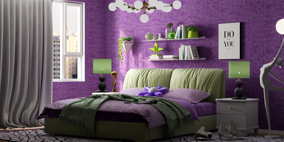Modern bedroom featuring a cozy bed with green and purple accents, enhanced with smart furniture arrangement for optimal space utilization, designed using Homestyler's real-time 3D rendering feature.