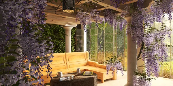 outdoor seating area adorned with purple wisteria flowers creating a serene atmosphere in a garden setting, featuring Homestyler's real-time 3D rendering for design preview.