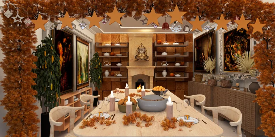 Cozy dining area featuring a large wooden table set for a meal, decorated with autumn leaves and candles, showcasing a rustic style and warm ambiance, utilizing Homestyler's real-time 3D rendering feature.