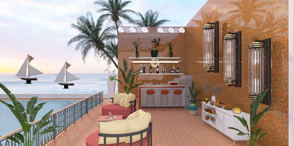 a beach scene with a large patio area 