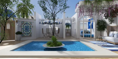 outdoor pool design featuring a lush garden and seating area in a Mediterranean style living space, showcasing interior decor optimization using Homestyler's real-time 3D rendering feature.