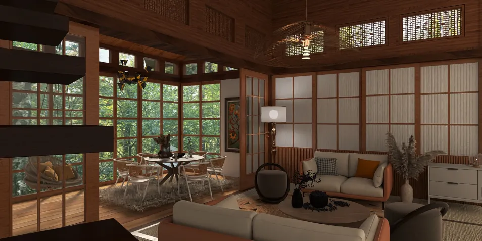 Cozy living room with large windows showcasing greenery, featuring wooden decor and stylish furniture arrangement, embodying natural aesthetics, utilizing Homestyler's real-time 3D rendering for design visualization.