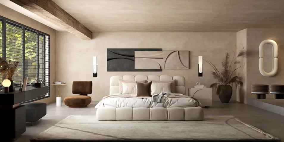 modern bedroom design featuring a minimalist bed with neutral tones, showcasing sophisticated wall art and elegant lighting, utilizing Homestyler's real-time 3D rendering for a realistic preview.