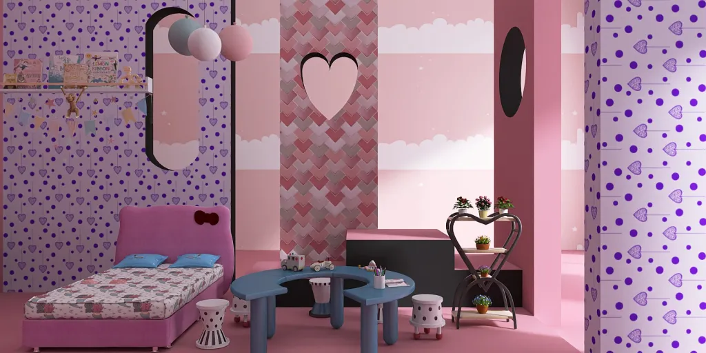 a small room with a pink and blue dresser and a pink and blue dresser 