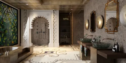 luxurious bathroom featuring stylish sinks and intricate tile work designed in a Moroccan style using Homestyler's real-time 3D rendering feature for design proposals.