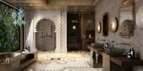 luxurious bathroom design featuring intricate tile work and elegant fixtures, showcasing contemporary bohemian style; optimized for space utilization with Homestyler's real-time 3D rendering functionality.