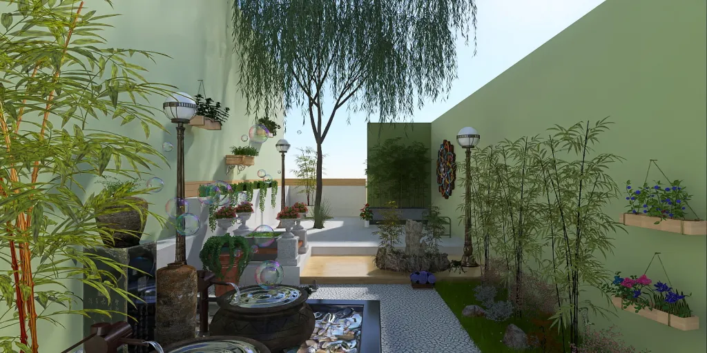 a garden area with a patio with plants and a balcony 