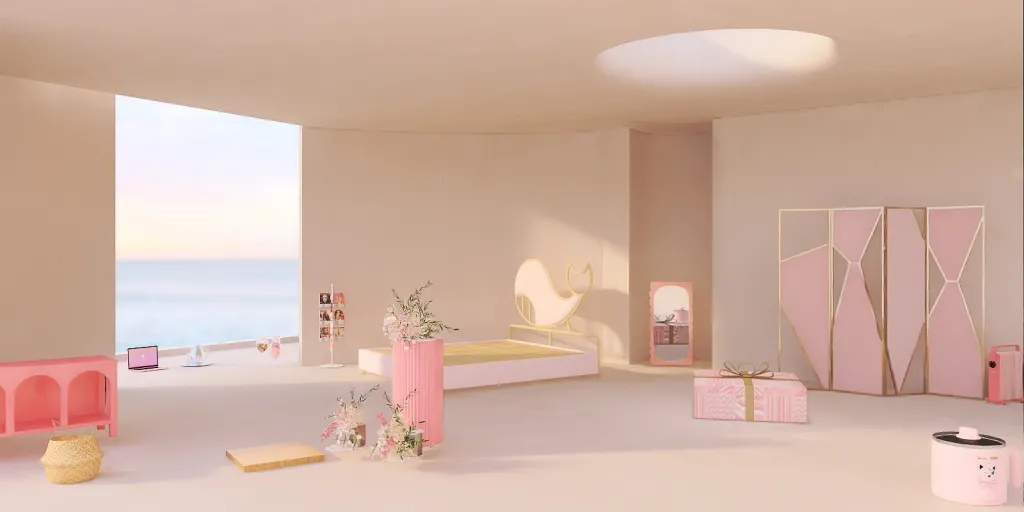 a bedroom with a bed, chair, and a table 