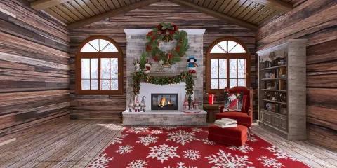 cozy living room interior design featuring a decorated fireplace and festive decor, showcasing a winter holiday theme, utilizing Homestyler's real-time 3D rendering feature for a quick design preview.
