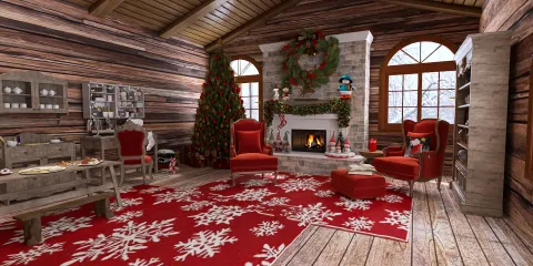 cozy cabin living room with festive decorations and a fireplace in rustic style showcasing interior decor ideas, featuring Homestyler's real-time 3D rendering for design previews.