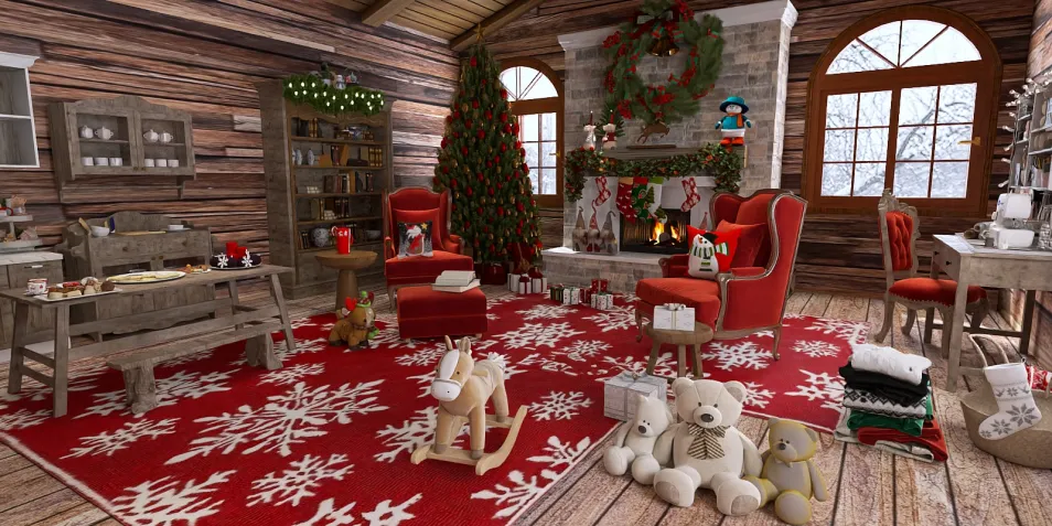 cozy Christmas living room with festive decorations and furniture arrangement in rustic style, showcasing the holiday spirit, featuring Homestyler's real-time 3D rendering.