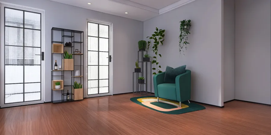 a living room with a green floor and a green wall 