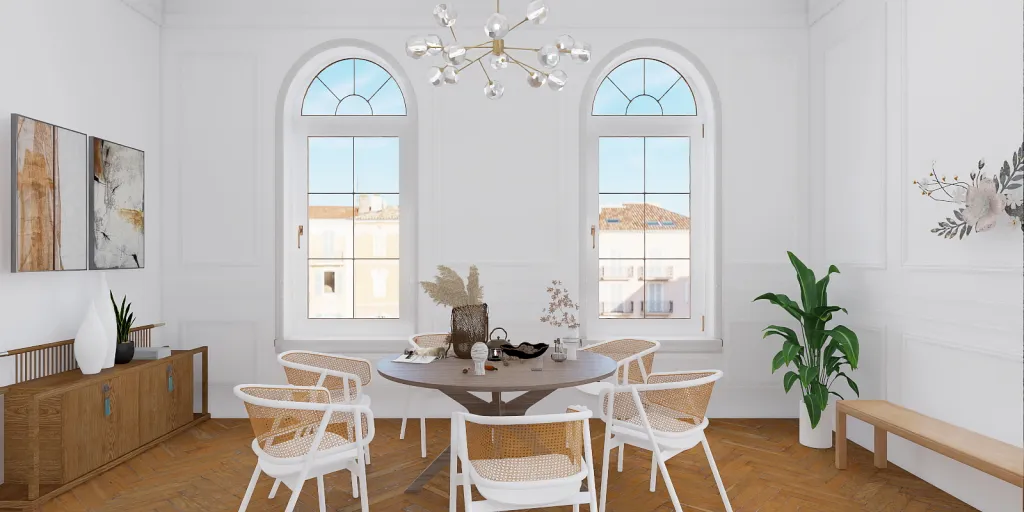 a dining room table with a large window 