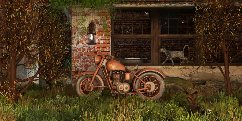 rusty motorcycle parked outside a vintage house with lush greenery and trees, showcasing a rustic and natural ambiance, emphasizing outdoor decor ideas with a homestyler feature for realistic 3D rendering.