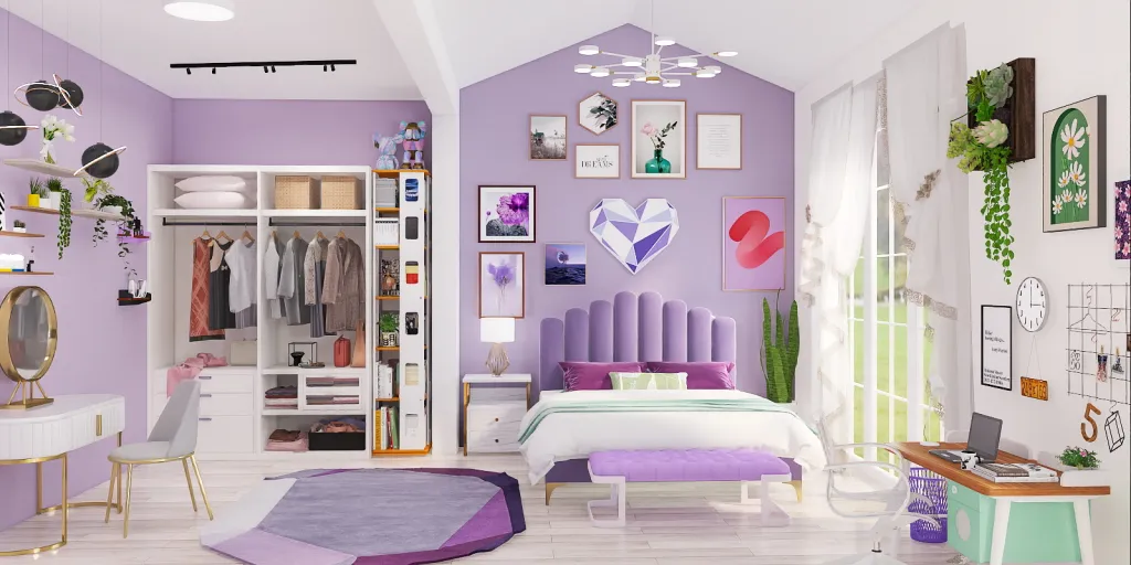 a bedroom with a bed, a desk, and a dresser 