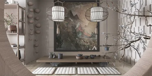 contemporary living room featuring a minimalistic tea table arrangement with intricate hanging lanterns, showcasing a Zen-inspired style that emphasizes tranquility and harmony, utilizing Homestyler's real-time 3D rendering to visualize design elements.