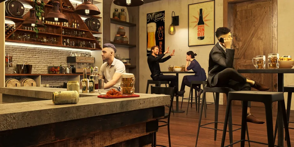 A modern bar scene featuring patrons enjoying drinks and conversation, designed in an industrial style, showcasing interior decor elements. Utilizes Homestyler's real-time 3D rendering for a realistic design preview.