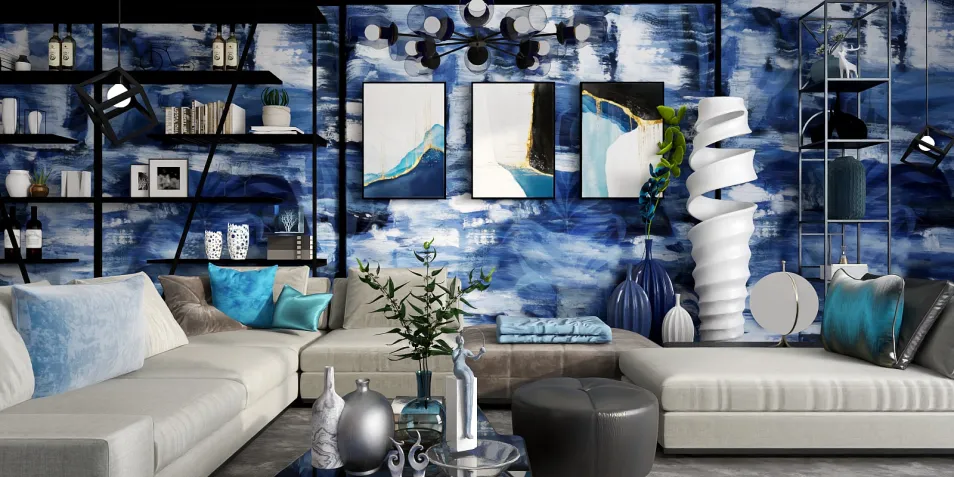 living room with artistic blue wall design featuring modern furniture arrangement in a contemporary style creating a serene interior atmosphere using Homestyler's real-time 3D rendering feature.