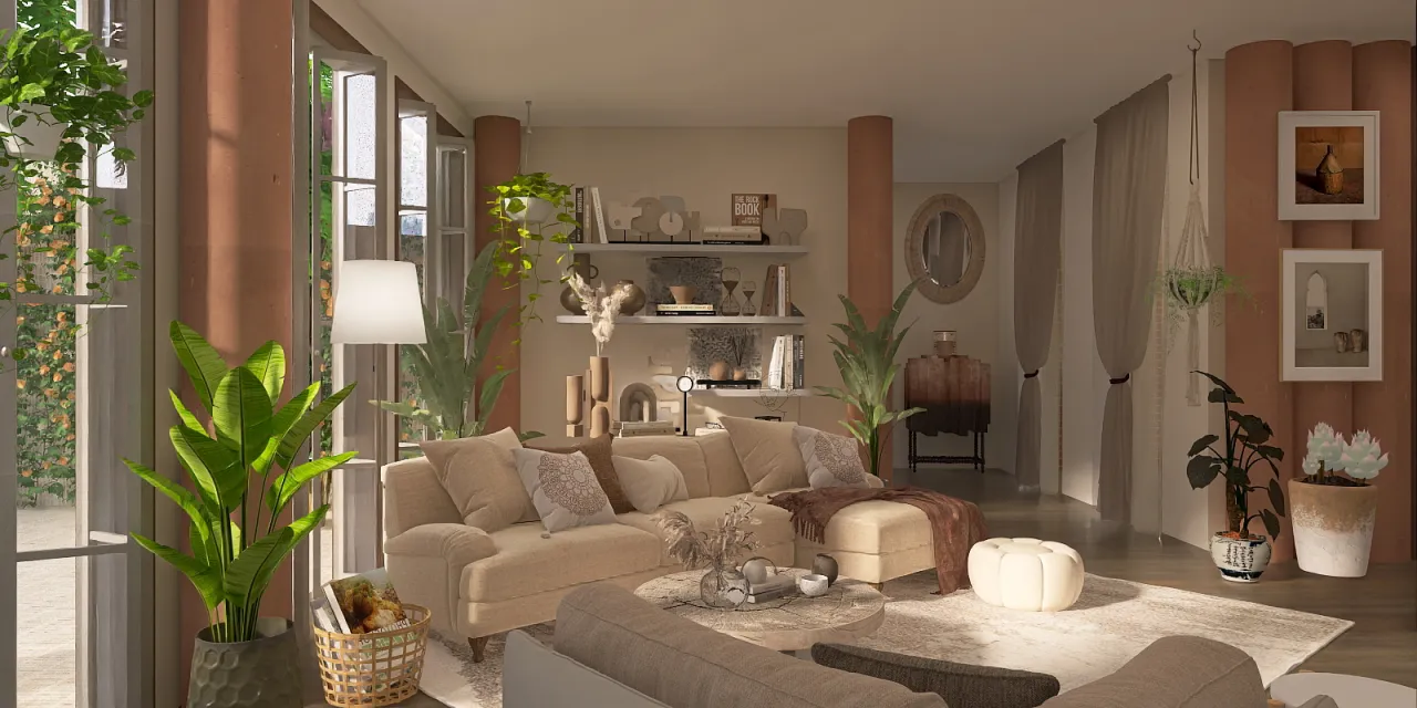 a living room with a couch, table, and a dog 