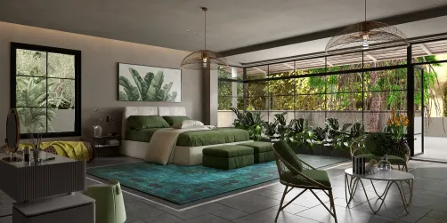 spacious bedroom with lush greenery and modern furniture featuring smart furniture arrangement style offering interior decor optimization using Homestyler's real-time 3D rendering.
