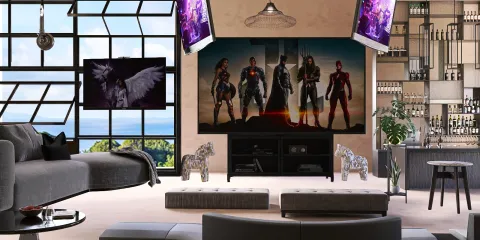 Contemporary living room featuring a stylish sectional sofa and artistic decor, showcasing a dynamic entertainment wall display with large screens. Includes a home theater design element, utilizing Homestyler’s real-time 3D rendering for an immersive visual preview.