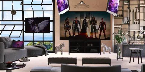 modern living room with elegant furniture arrangement featuring a large TV display, designed in a contemporary style to optimize space utilization using Homestyler's smart furniture placement feature