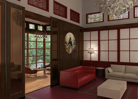 Asian View Living Room  Design Rendering