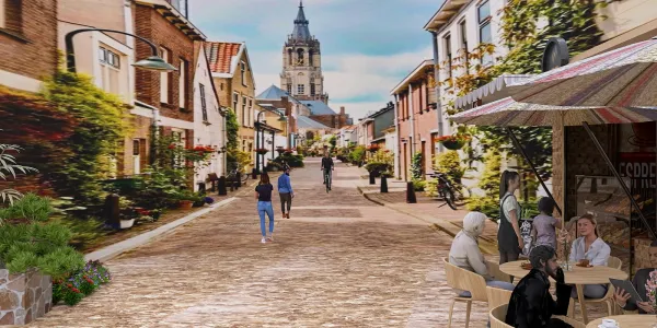 street scene with people dining at outdoor tables and walking, showcasing a charming neighborhood vibe with a historic tower in the background, using Homestyler's real-time 3D rendering for immersive design visualization.