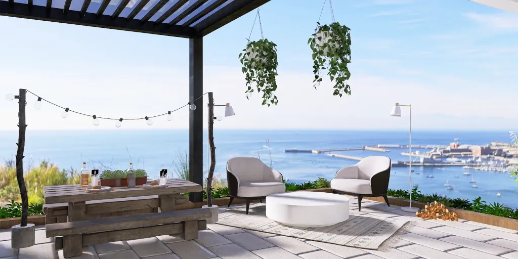 a patio with a bench and a balcony overlooking the ocean 