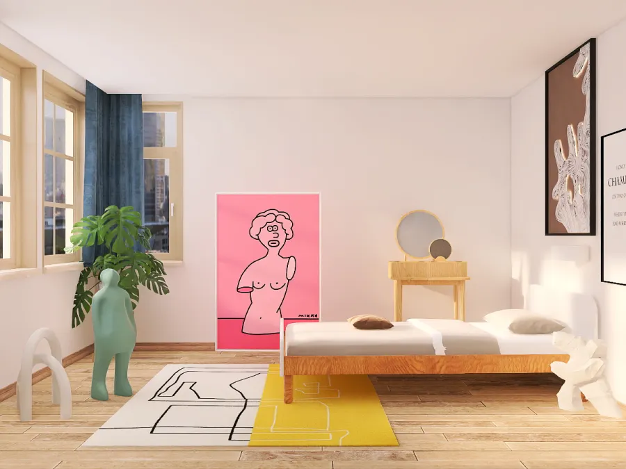 a living room with a painting of a cat on the wall 