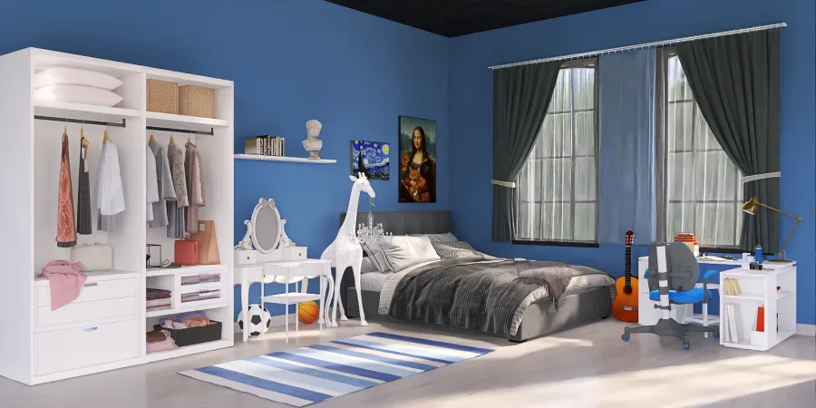 a bedroom with a bed, desk, and mirror 