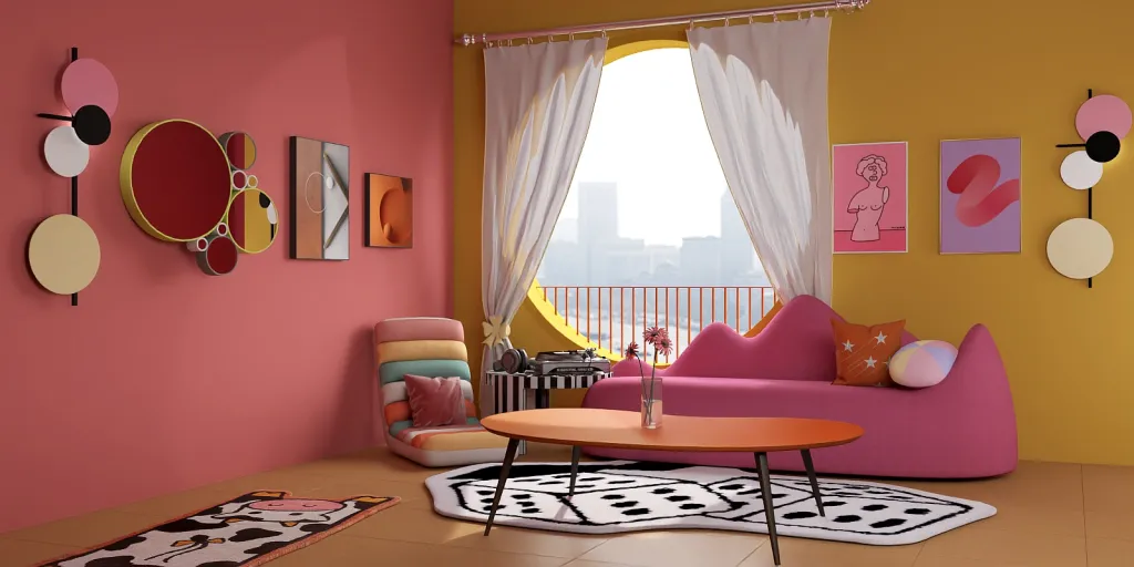 a living room with a pink couch and a pink wall 