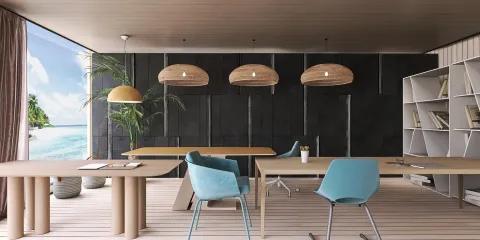 modern office interior design featuring a spacious layout with wooden tables and stylish blue chairs, incorporating Homestyler's real-time 3D rendering for effective design proposal presentation.
