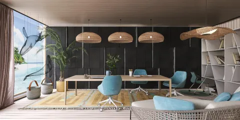 Modern office interior design featuring a spacious layout with ergonomic chairs and a wooden table, showcasing a coastal view through large windows, emphasizing the functionality of Homestyler's real-time 3D rendering for effective design proposal presentation.