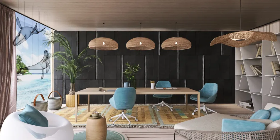 Modern office interior featuring a spacious layout with stylish furniture and lighting, designed for productivity and comfort, utilizing Homestyler's real-time 3D rendering feature.