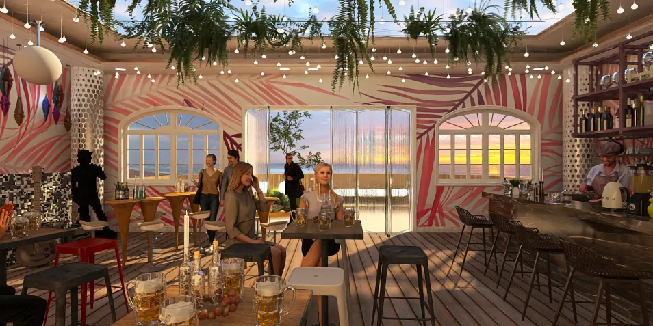 a lively bar interior filled with guests enjoying drinks and conversation, featuring vibrant tropical decor and a sunset view, designed using Homestyler's real-time 3D rendering feature