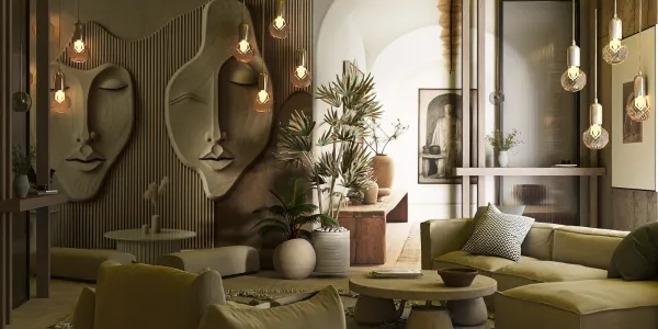 Modern living room interior featuring artistic wall sculptures, arranging furniture for optimal flow, in a contemporary minimalist style, emphasizing comfort and relaxation, utilizing Homestyler's real-time 3D rendering for design visualization.